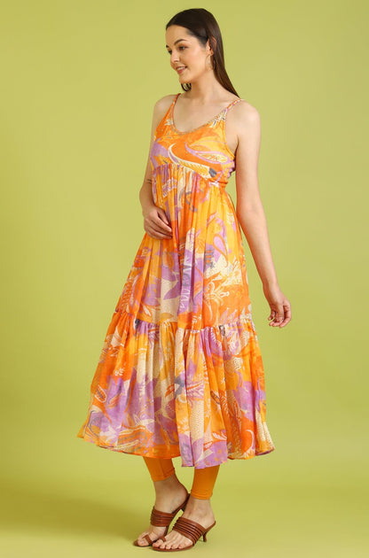 W for Woman Orange Abstract Printed Tiered Spaghetti Kurta and Leggings Set with Dupatta