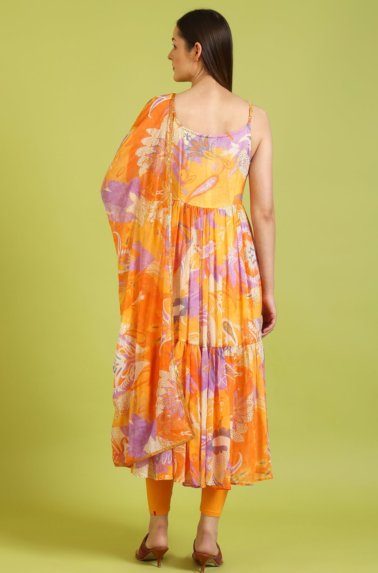 W for Woman Orange Abstract Printed Tiered Spaghetti Kurta and Leggings Set with Dupatta