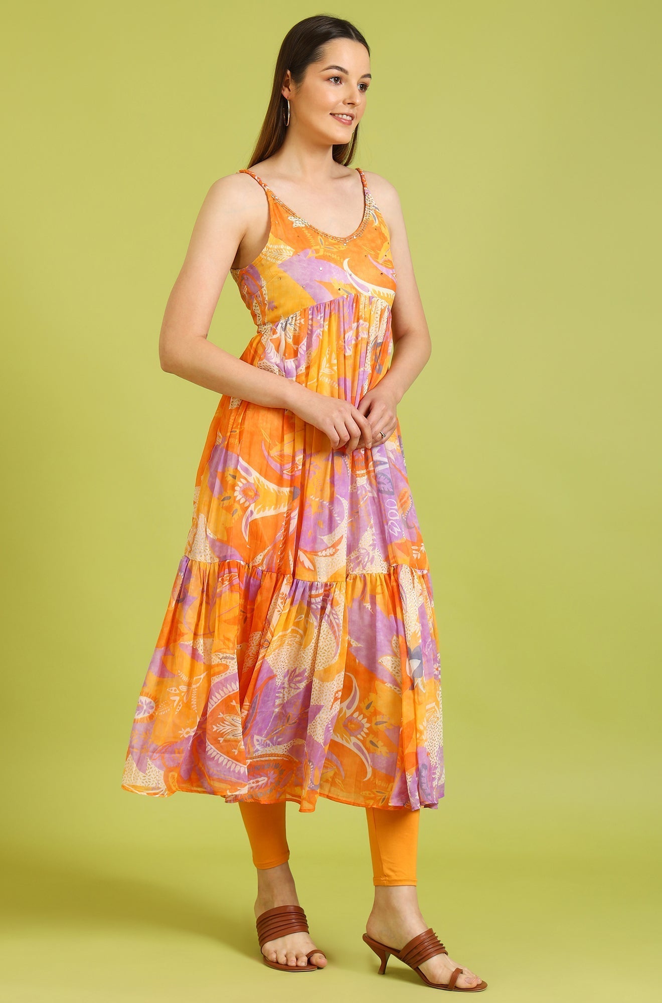 W for Woman Orange Abstract Printed Tiered Spaghetti Kurta and Leggings Set with Dupatta