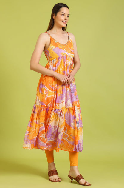 W for Woman Orange Abstract Printed Tiered Spaghetti Kurta and Leggings Set with Dupatta