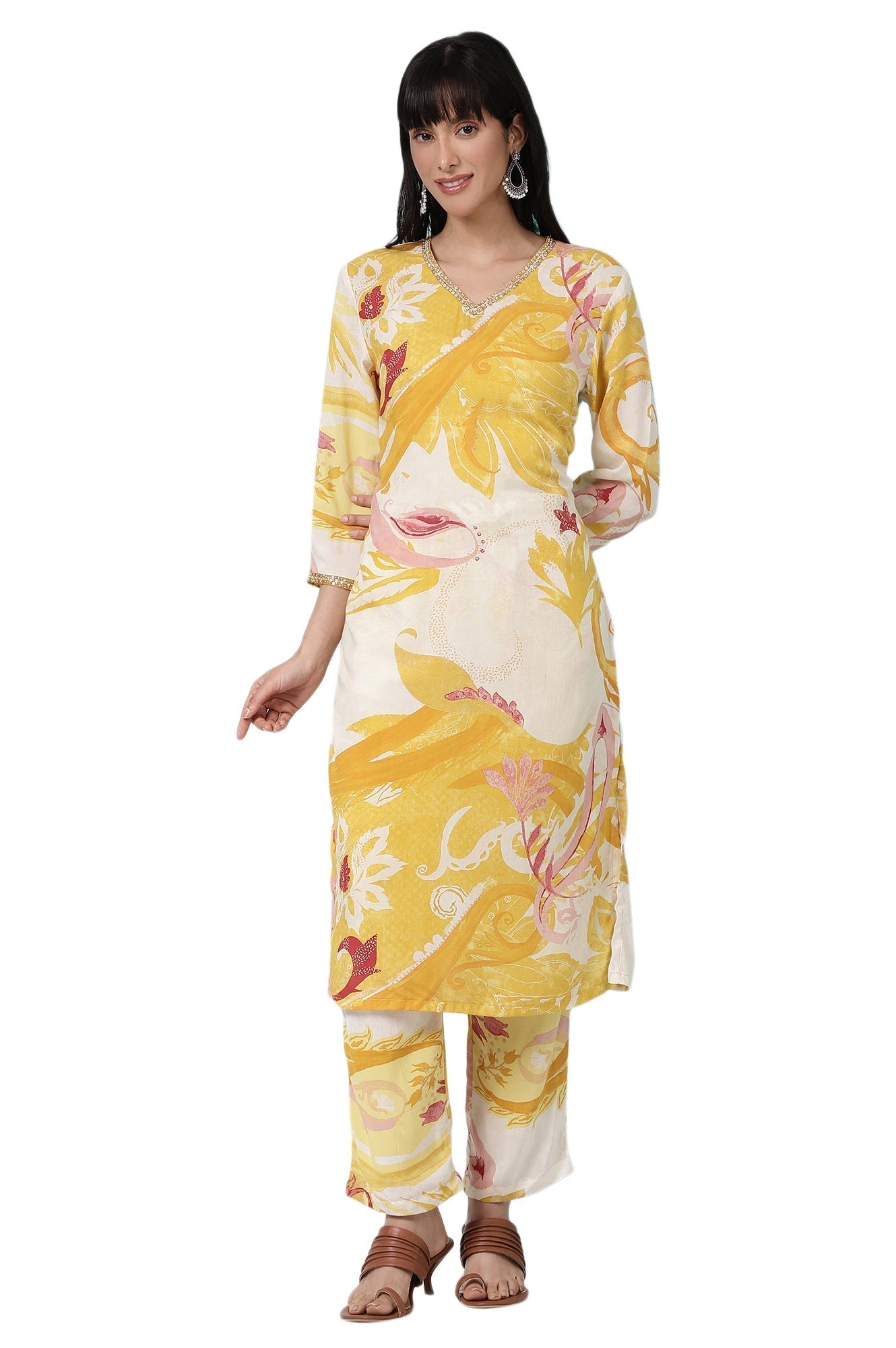 W for Woman Yellow Bold Floral Printed Modal Straight Kurta and Pants Co-ord Set