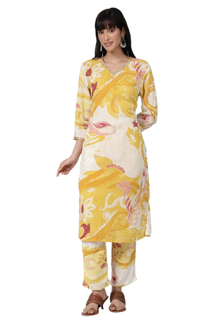 W for Woman Yellow Bold Floral Printed Modal Straight Kurta and Pants Co-ord Set
