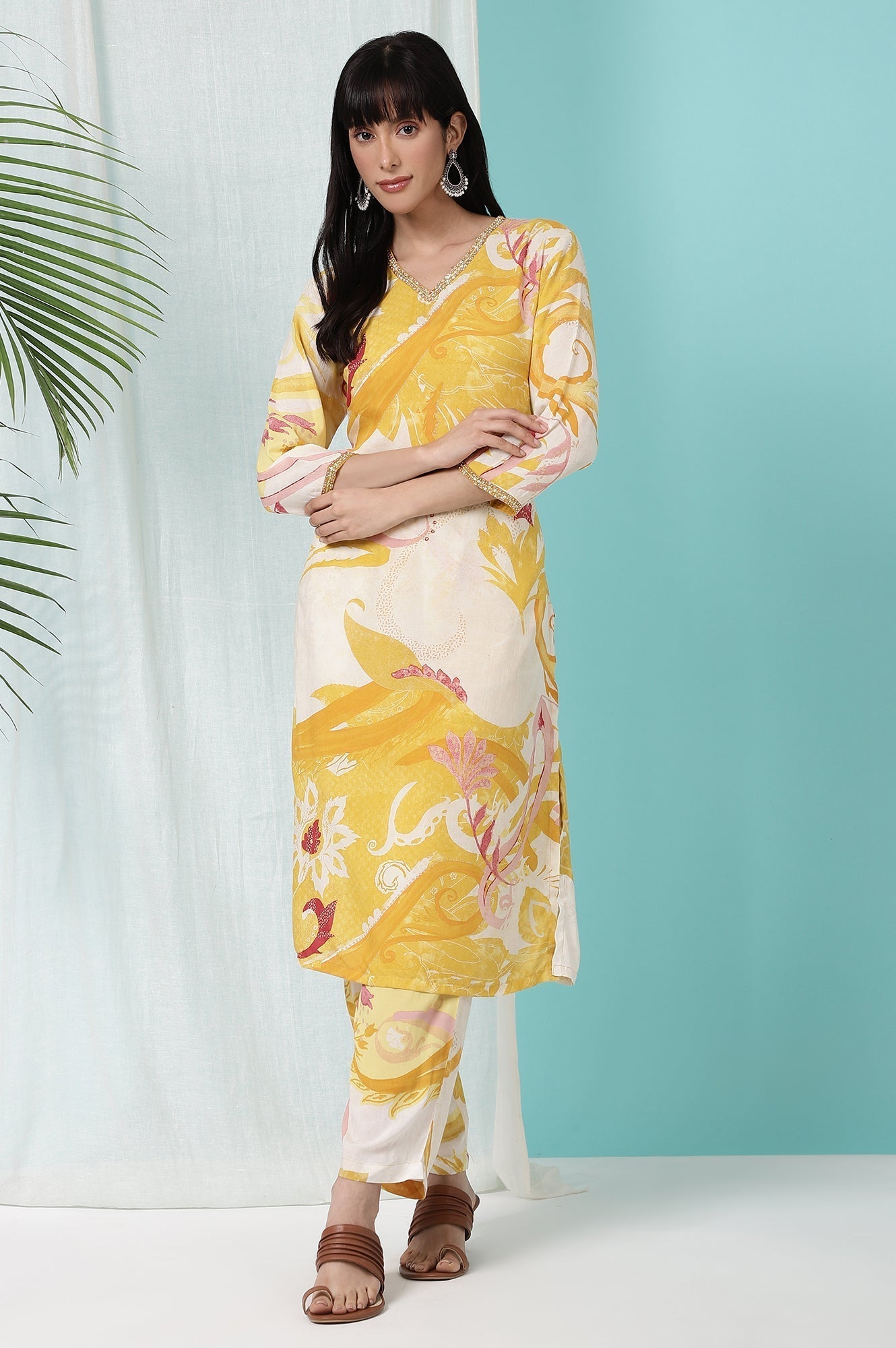 W for Woman Yellow Bold Floral Printed Modal Straight Kurta and Pants Co-ord Set