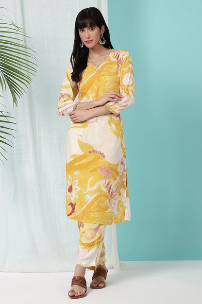 W for Woman Yellow Bold Floral Printed Modal Straight Kurta and Pants Co-ord Set
