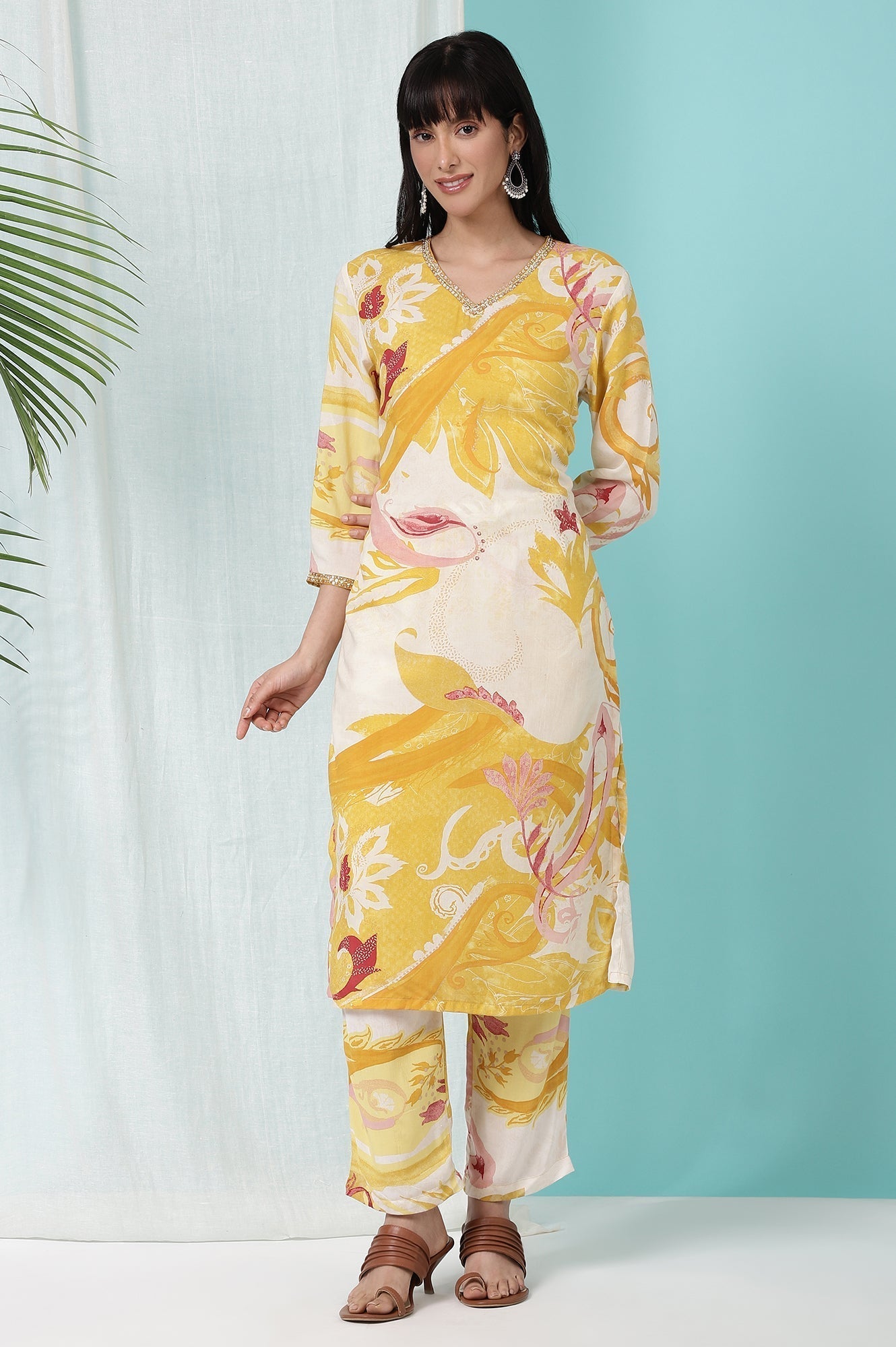 W for Woman Yellow Bold Floral Printed Modal Straight Kurta and Pants Co-ord Set
