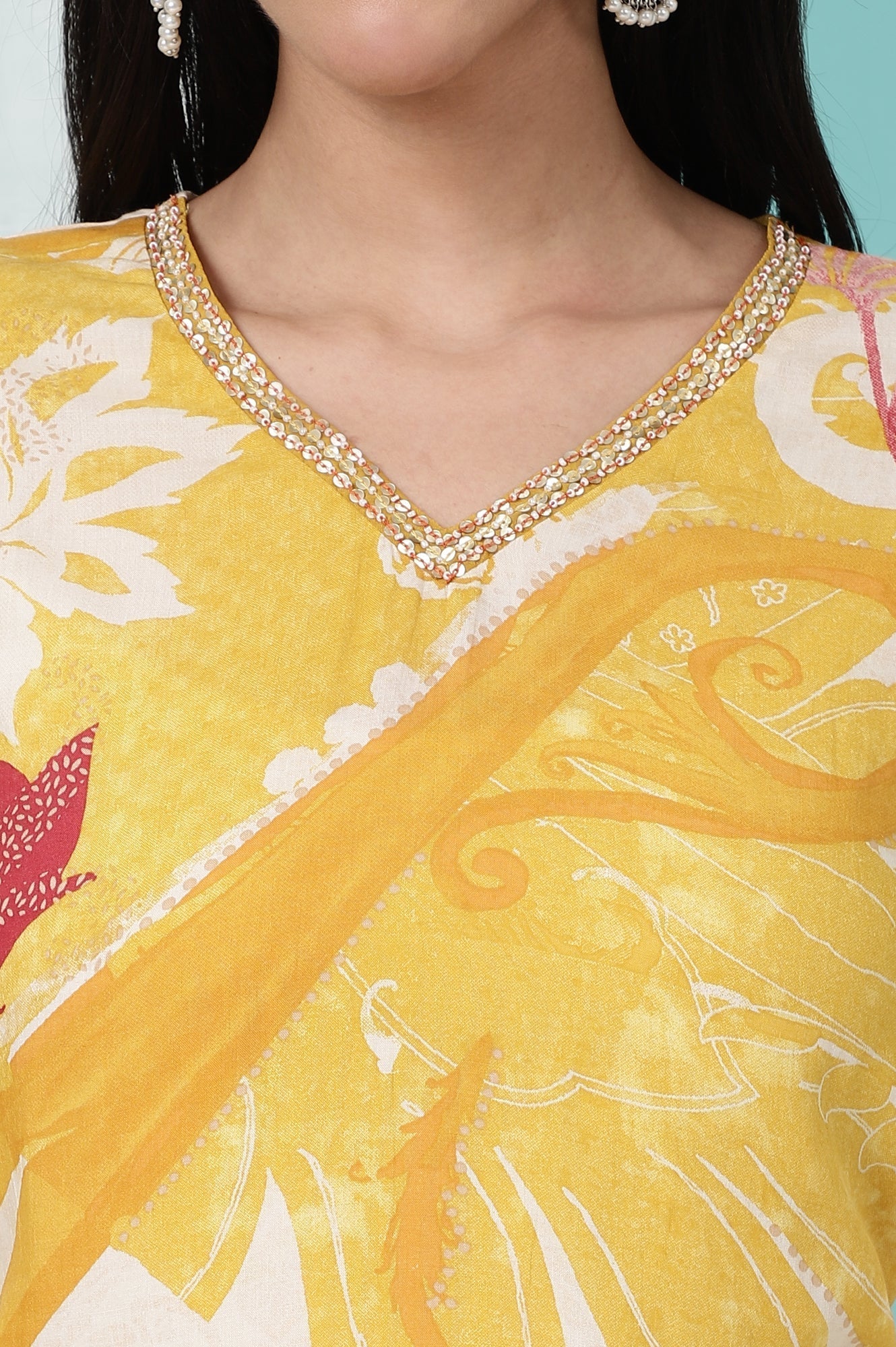 W for Woman Yellow Bold Floral Printed Modal Straight Kurta and Pants Co-ord Set