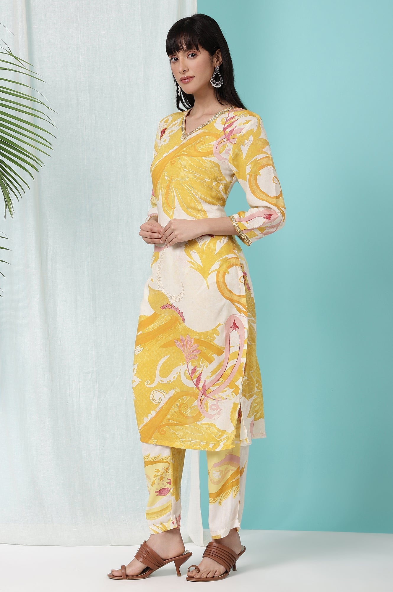 W for Woman Yellow Bold Floral Printed Modal Straight Kurta and Pants Co-ord Set