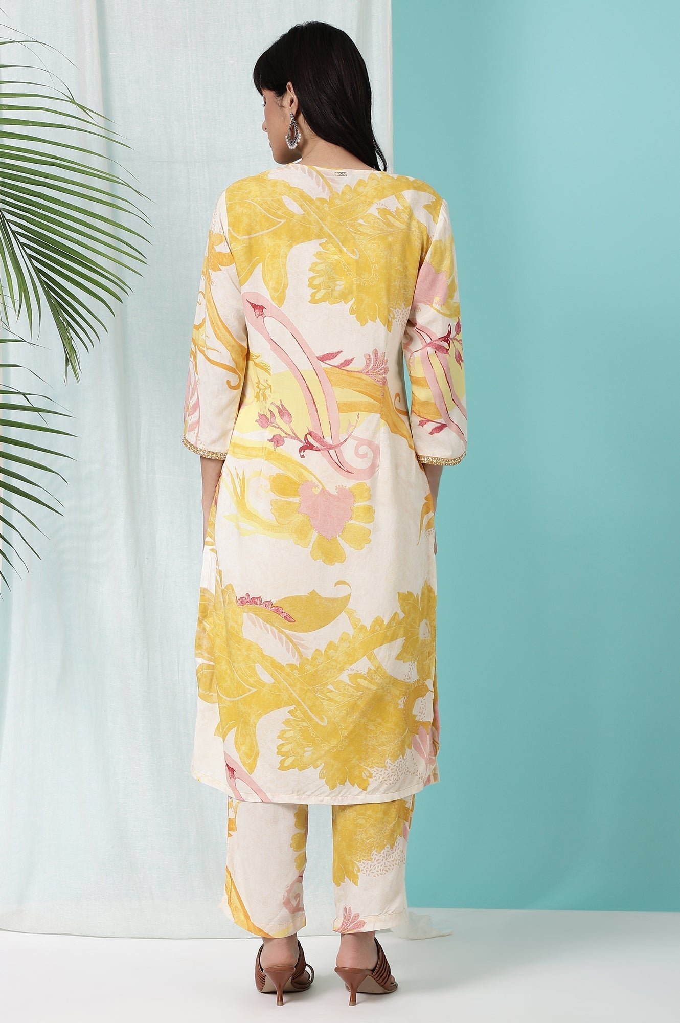 W for Woman Yellow Bold Floral Printed Modal Straight Kurta and Pants Co-ord Set