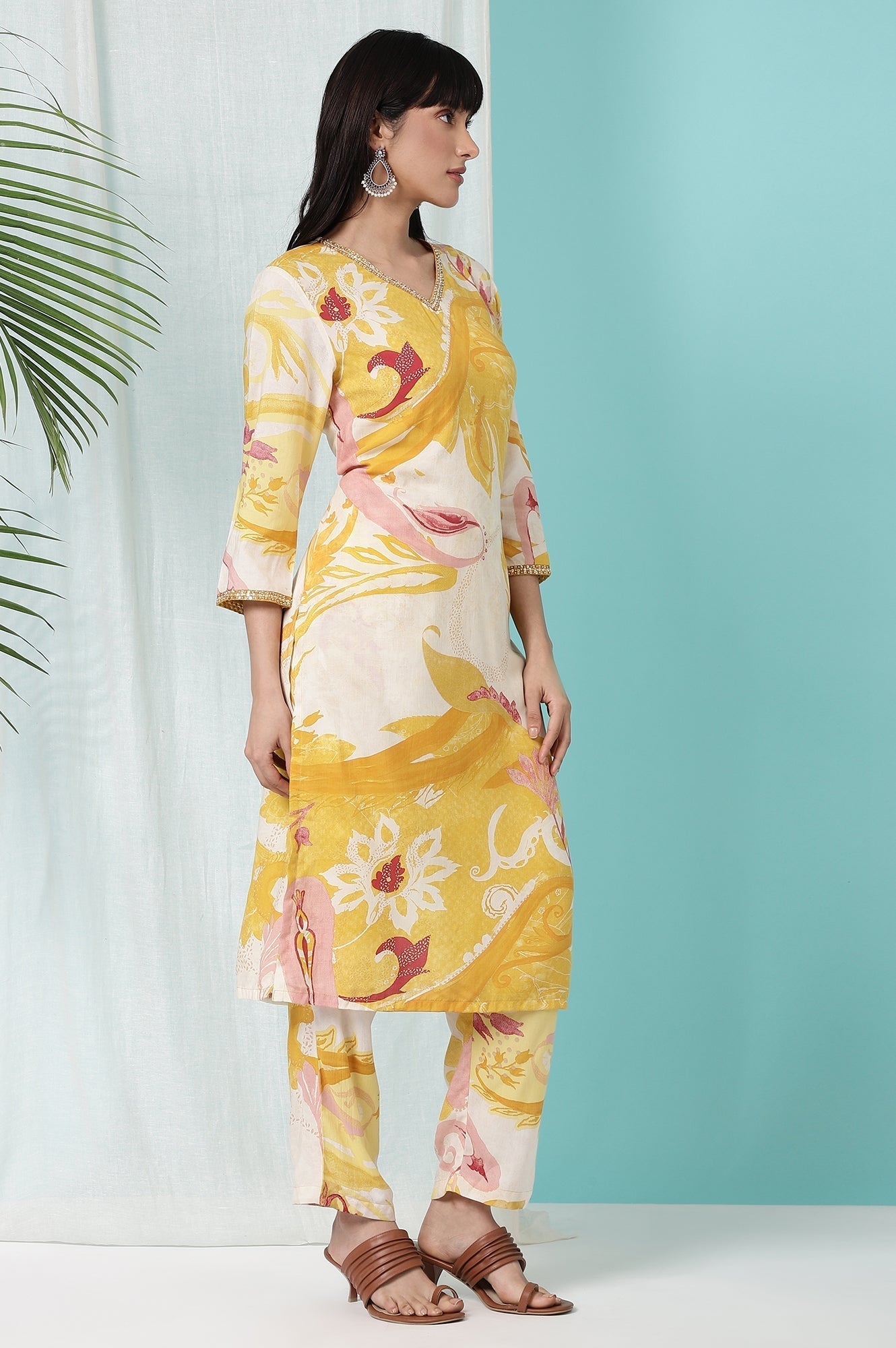 W for Woman Yellow Bold Floral Printed Modal Straight Kurta and Pants Co-ord Set