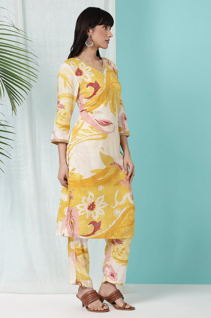 W for Woman Yellow Bold Floral Printed Modal Straight Kurta and Pants Co-ord Set