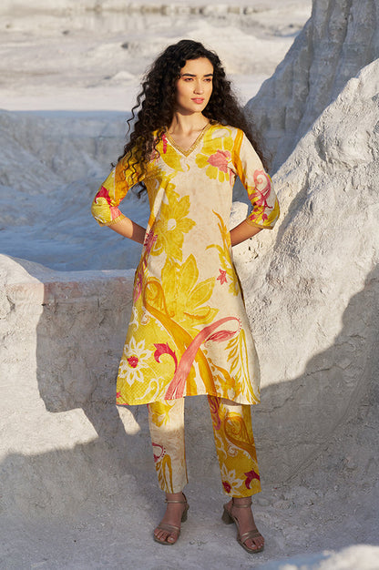 W for Woman Yellow Bold Floral Printed Modal Straight Kurta and Pants Co-ord Set