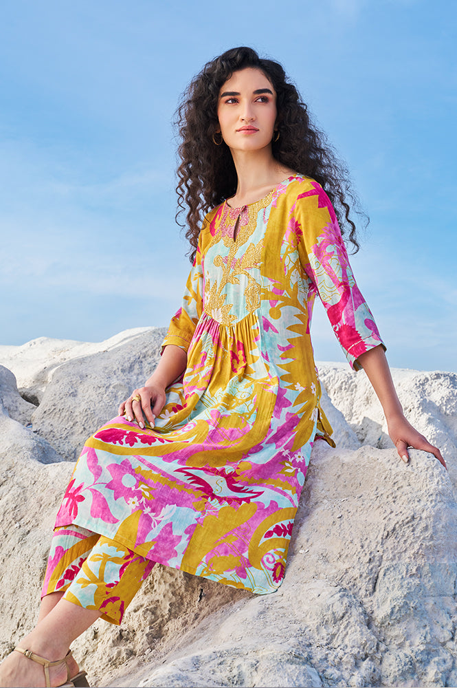W for Woman Blue Abstract Printed Sequined Yoke Satin Straight Kurta and Pants Set