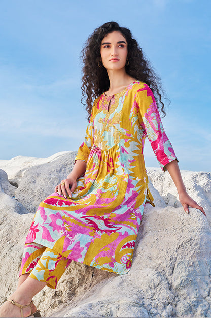 W for Woman Blue Abstract Printed Sequined Yoke Satin Straight Kurta and Pants Set