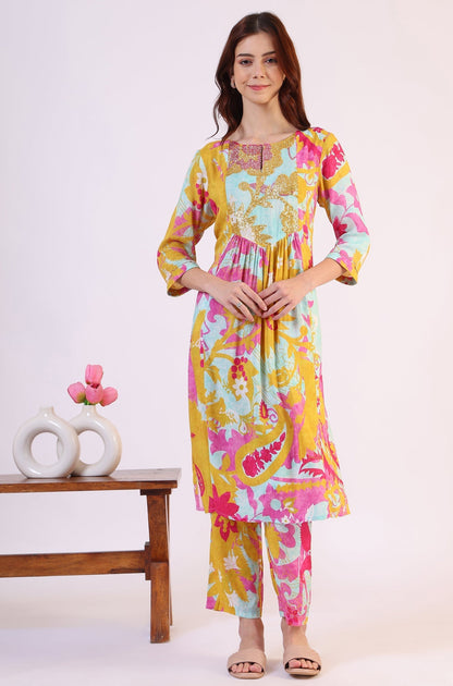 W for Woman Blue Abstract Printed Sequined Yoke Satin Straight Kurta and Pants Set