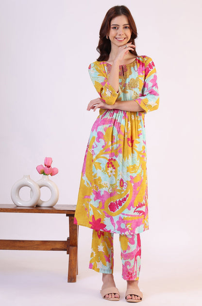 W for Woman Blue Abstract Printed Sequined Yoke Satin Straight Kurta and Pants Set