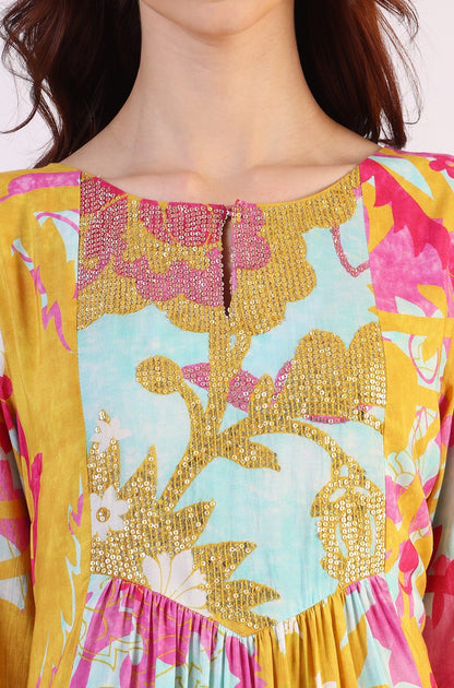 W for Woman Blue Abstract Printed Sequined Yoke Satin Straight Kurta and Pants Set