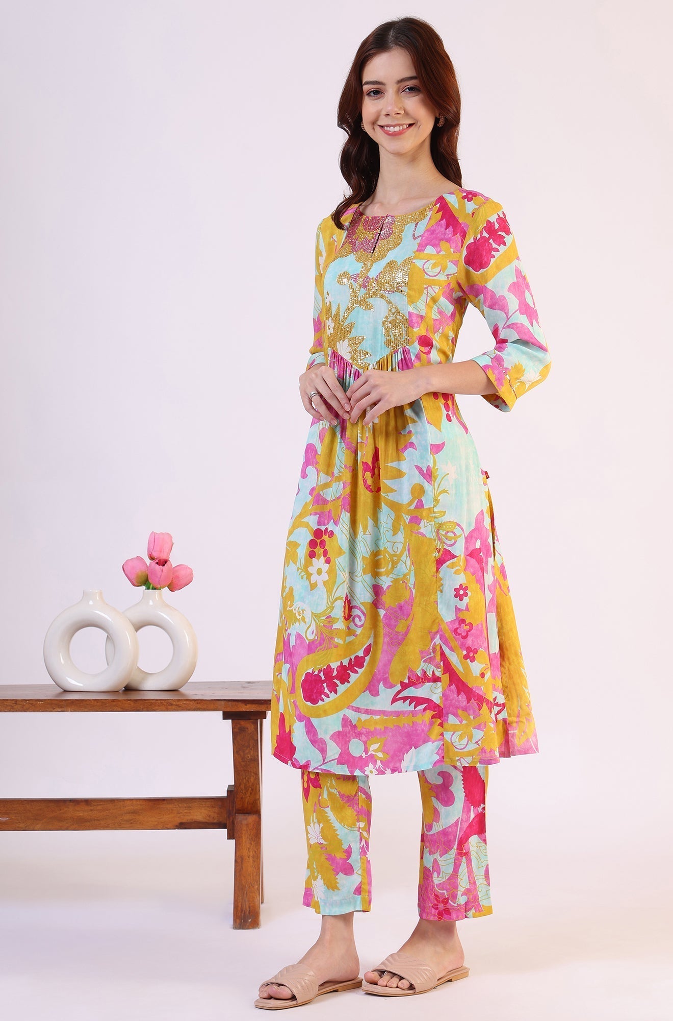 W for Woman Blue Abstract Printed Sequined Yoke Satin Straight Kurta and Pants Set