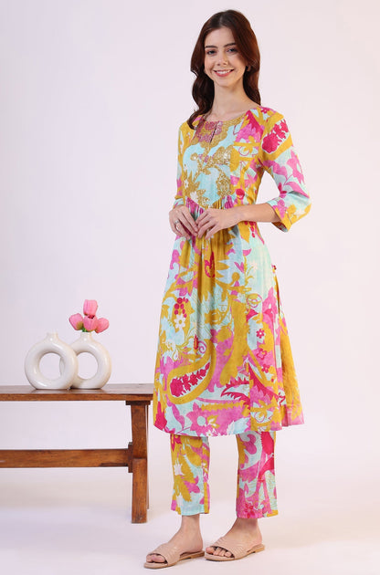 W for Woman Blue Abstract Printed Sequined Yoke Satin Straight Kurta and Pants Set