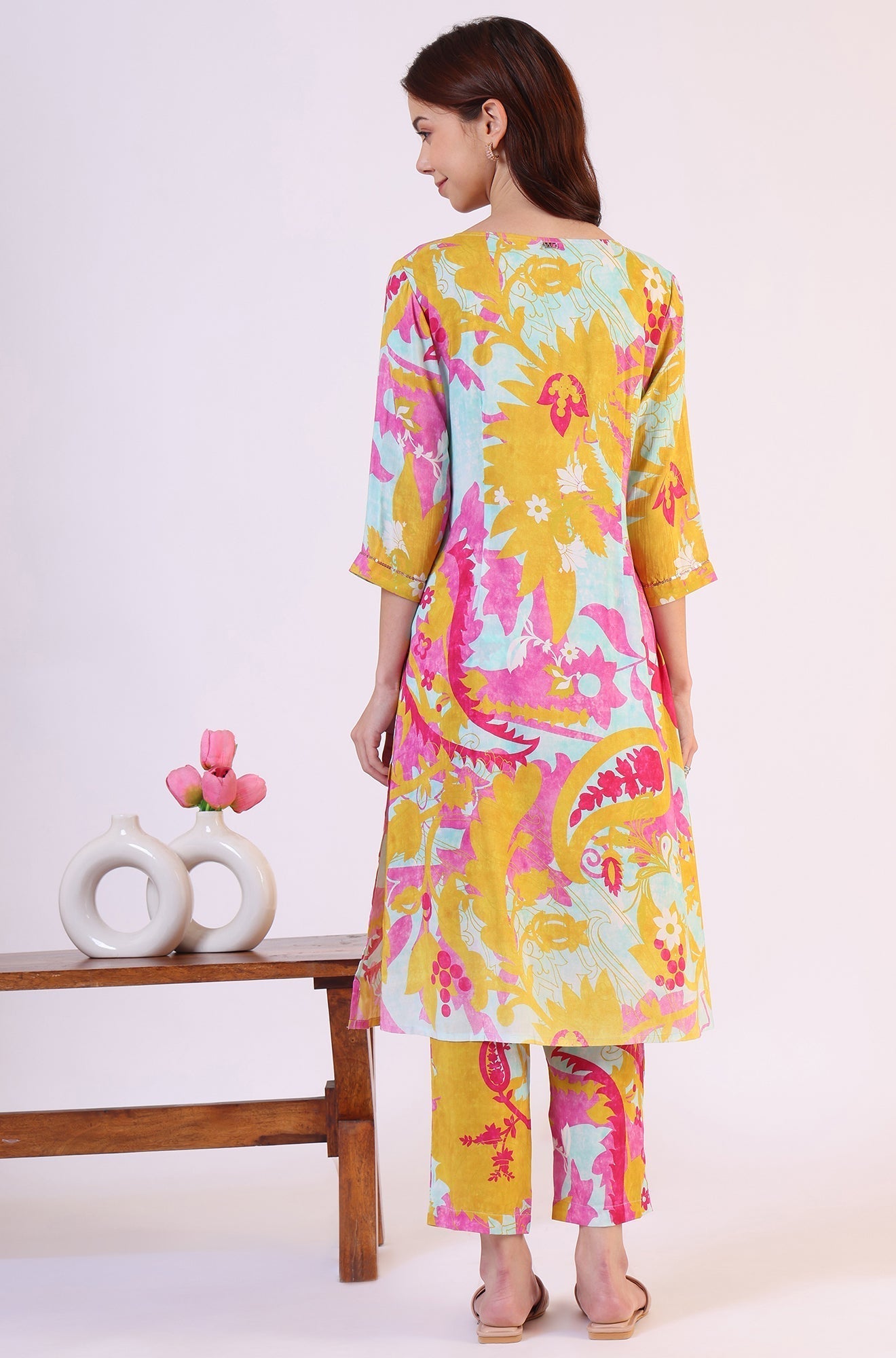 W for Woman Blue Abstract Printed Sequined Yoke Satin Straight Kurta and Pants Set
