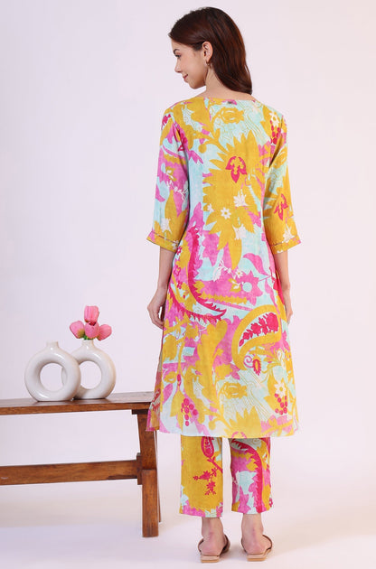 W for Woman Blue Abstract Printed Sequined Yoke Satin Straight Kurta and Pants Set