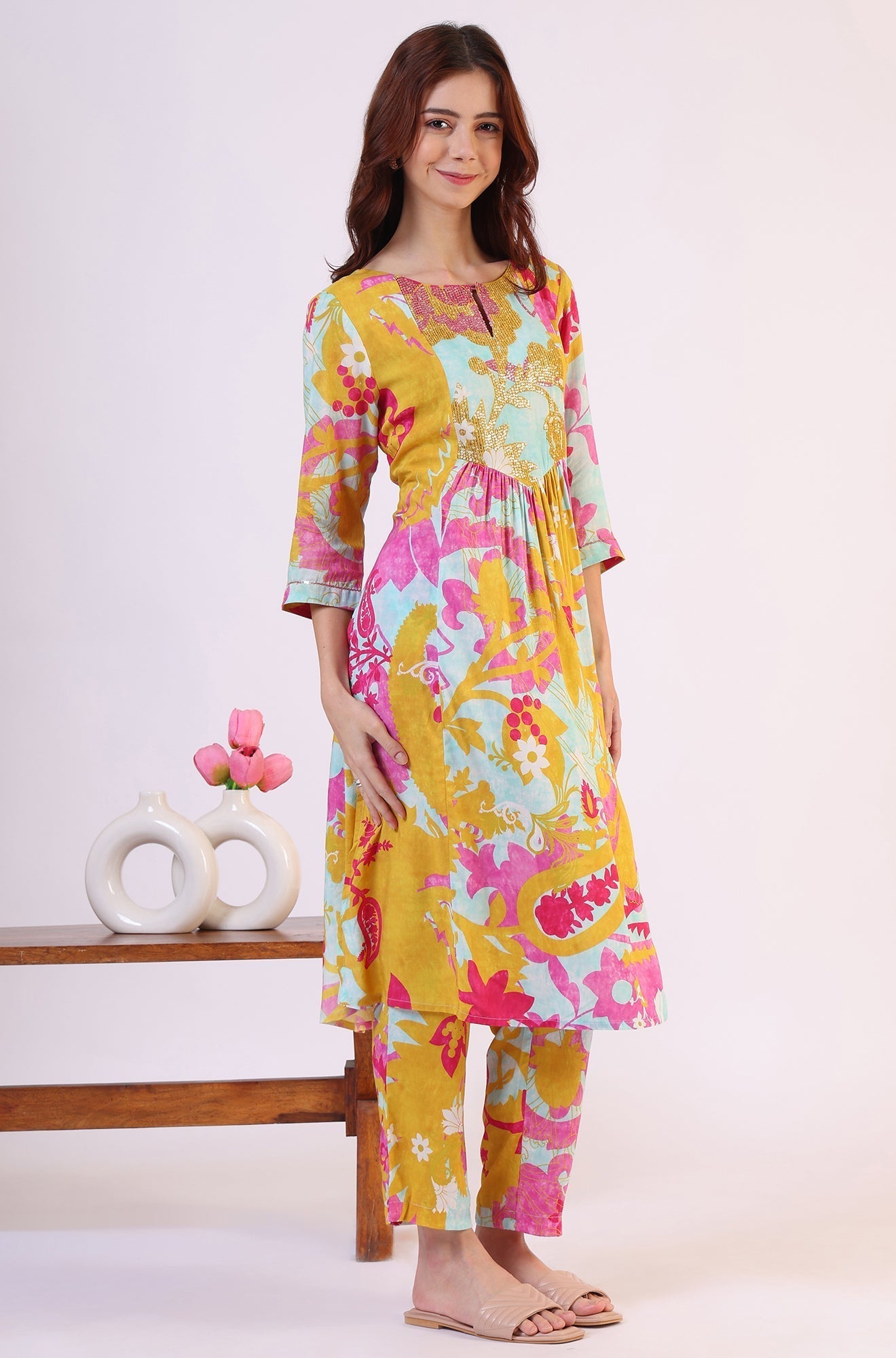 W for Woman Blue Abstract Printed Sequined Yoke Satin Straight Kurta and Pants Set