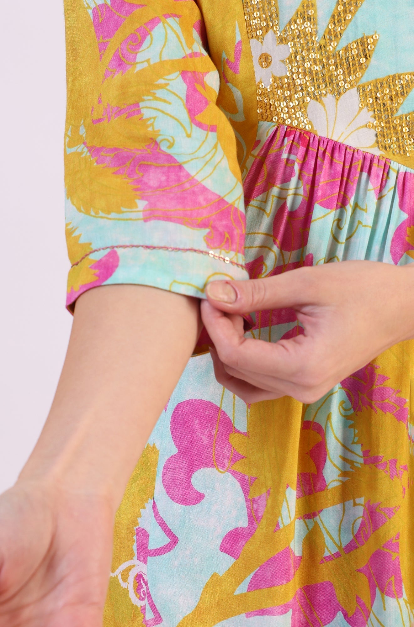 W for Woman Blue Abstract Printed Sequined Yoke Satin Straight Kurta and Pants Set