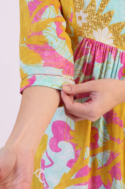 W for Woman Blue Abstract Printed Sequined Yoke Satin Straight Kurta and Pants Set