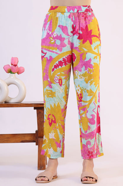 W for Woman Blue Abstract Printed Sequined Yoke Satin Straight Kurta and Pants Set