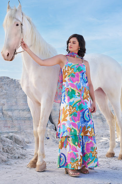 W for Woman White Abstract Printed Pure Cotton Spaghetti Kurta, Flared Pants and Dupatta Set
