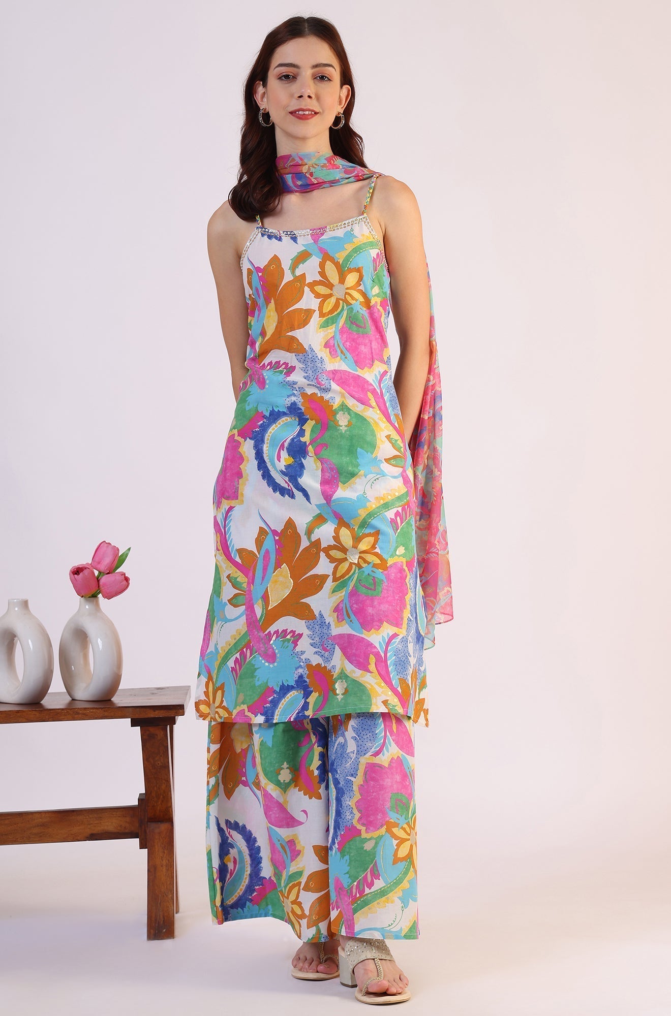 W for Woman White Abstract Printed Pure Cotton Spaghetti Kurta, Flared Pants and Dupatta Set