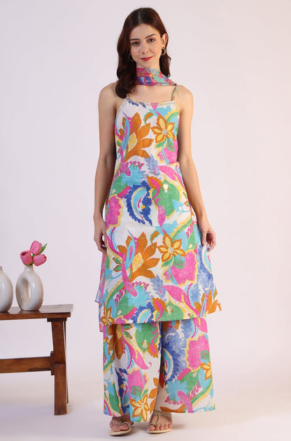 W for Woman White Abstract Printed Pure Cotton Spaghetti Kurta, Flared Pants and Dupatta Set