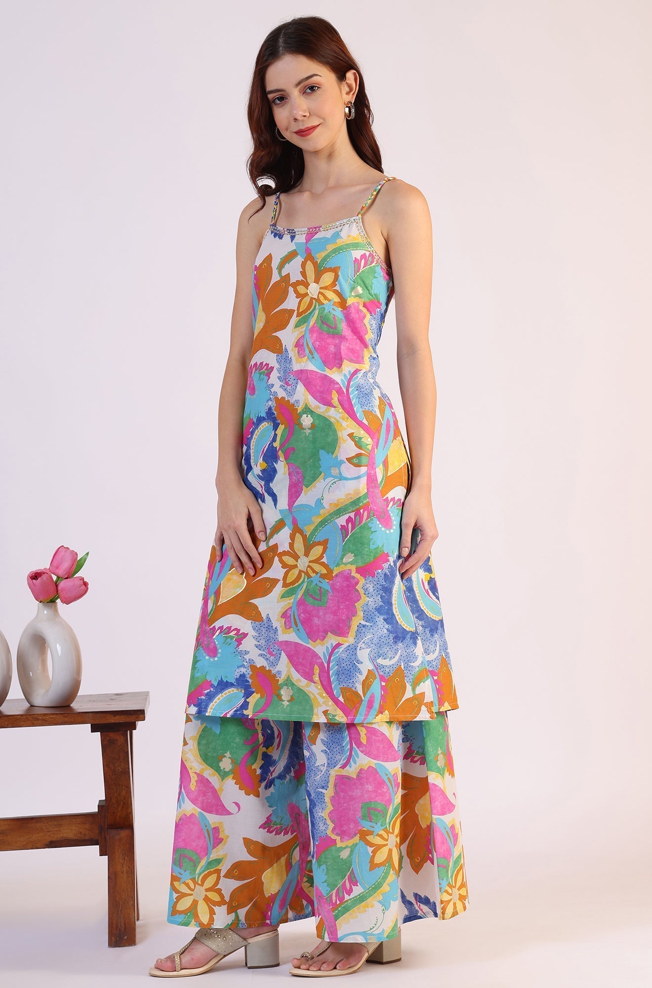 W for Woman White Abstract Printed Pure Cotton Spaghetti Kurta, Flared Pants and Dupatta Set