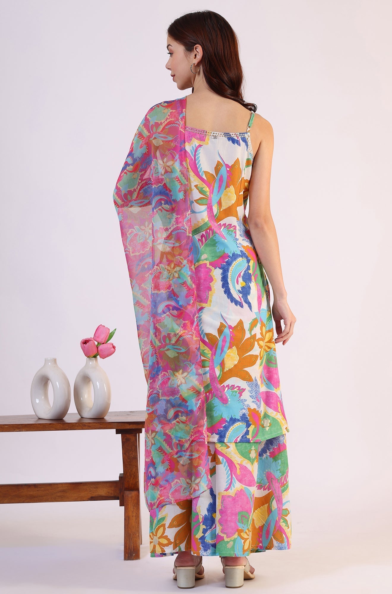 W for Woman White Abstract Printed Pure Cotton Spaghetti Kurta, Flared Pants and Dupatta Set