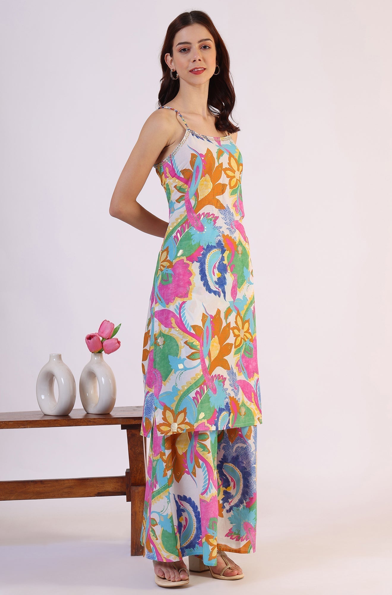 W for Woman White Abstract Printed Pure Cotton Spaghetti Kurta, Flared Pants and Dupatta Set