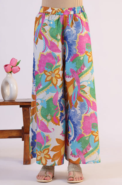 W for Woman White Abstract Printed Pure Cotton Spaghetti Kurta, Flared Pants and Dupatta Set