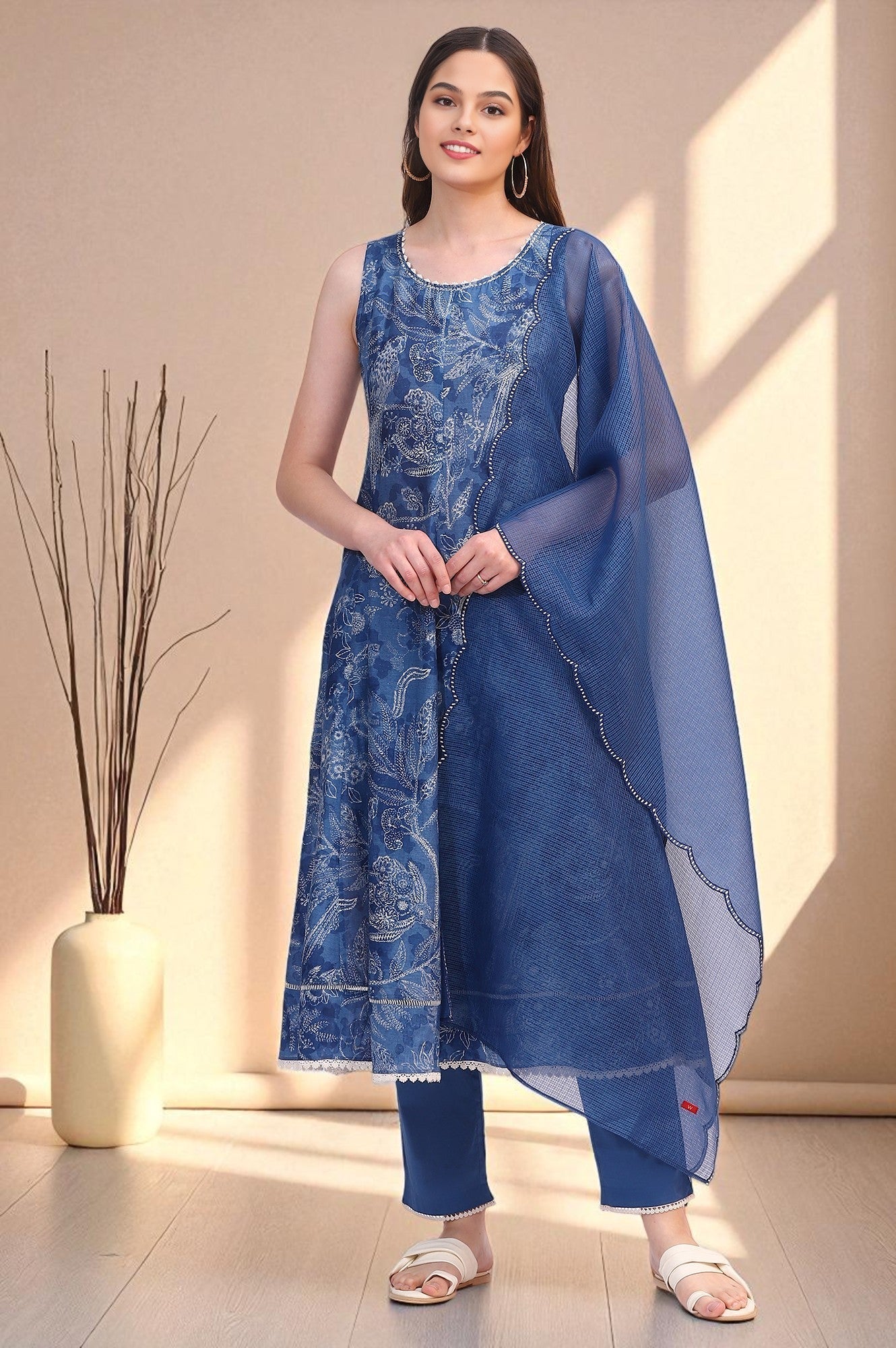 W for Woman Ink Blue Sleeveless Pure Cotton Anarkali Kurta and Pants Set with Dupatta