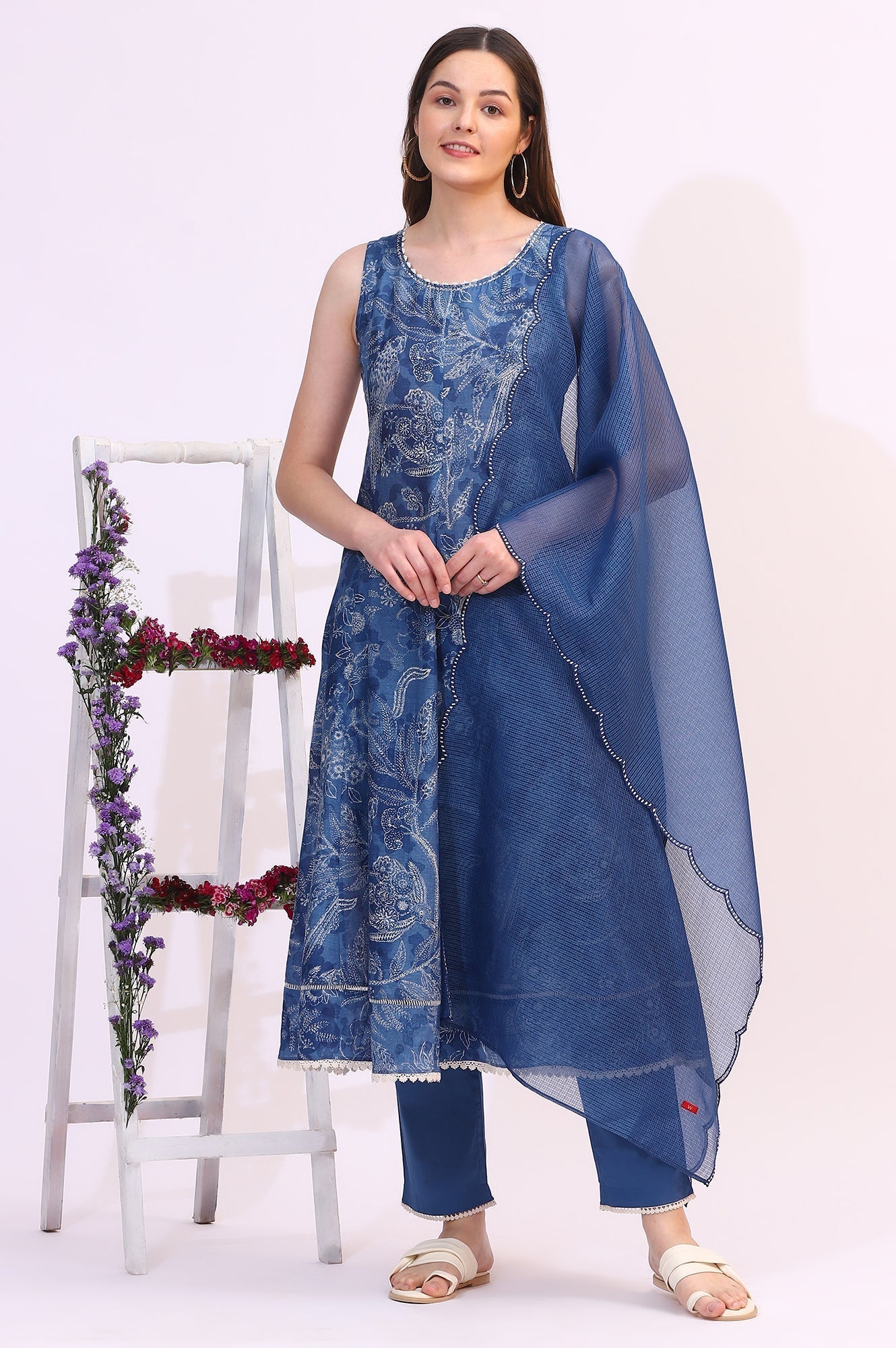 W for Woman Ink Blue Sleeveless Pure Cotton Anarkali Kurta and Pants Set with Dupatta