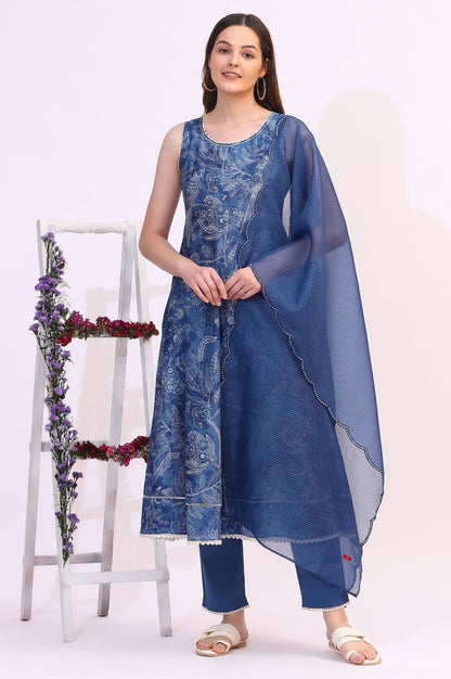 W for Woman Ink Blue Sleeveless Pure Cotton Anarkali Kurta and Pants Set with Dupatta