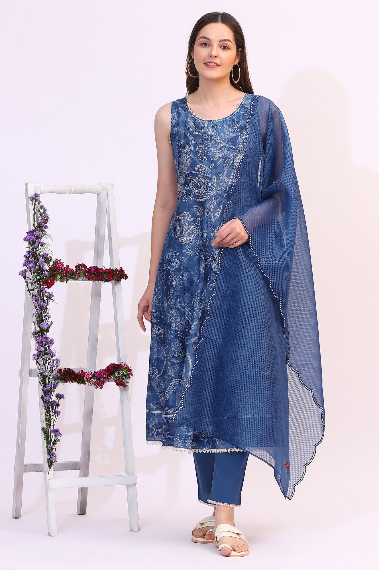 W for Woman Ink Blue Sleeveless Pure Cotton Anarkali Kurta and Pants Set with Dupatta