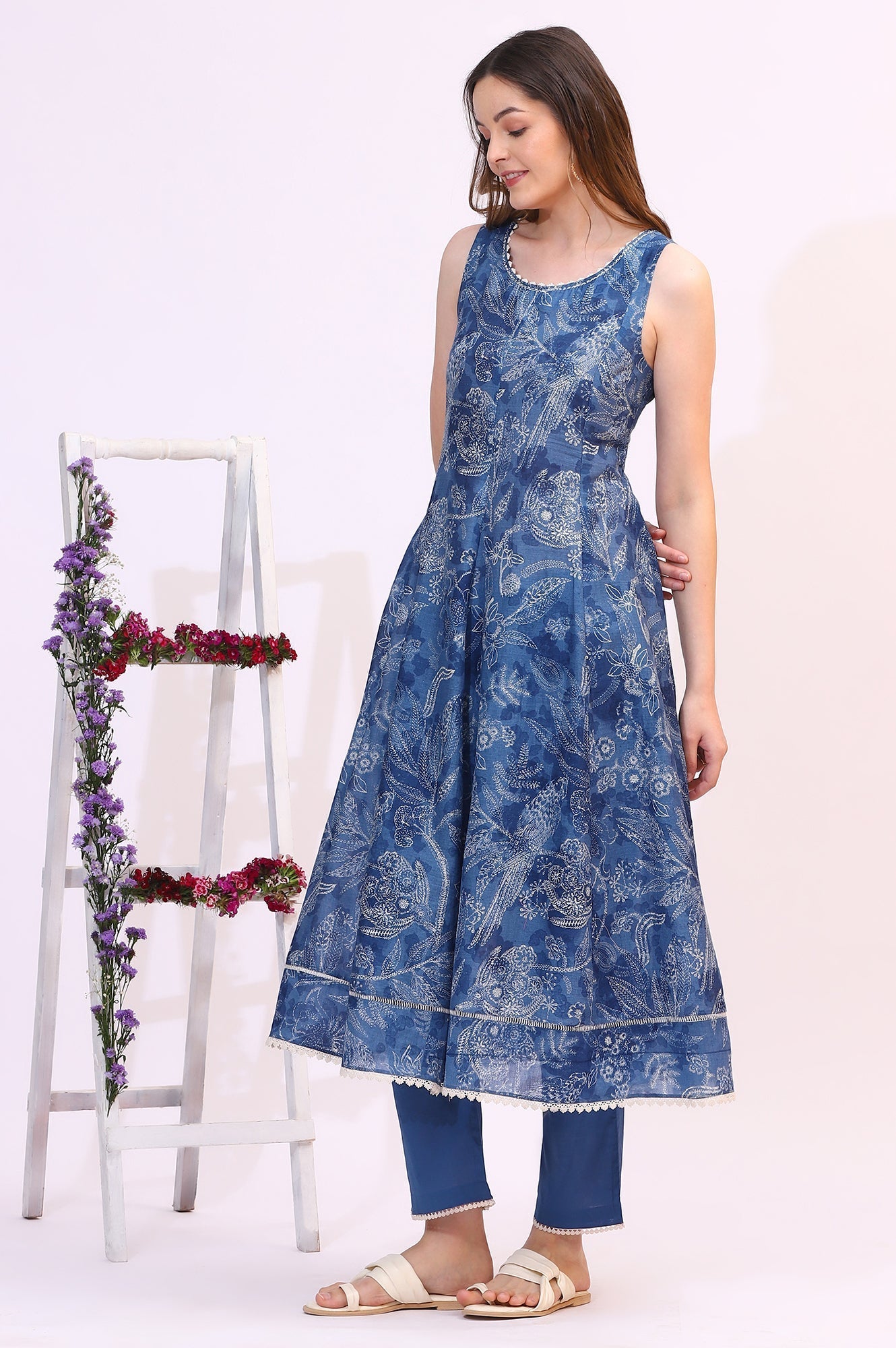 W for Woman Ink Blue Sleeveless Pure Cotton Anarkali Kurta and Pants Set with Dupatta