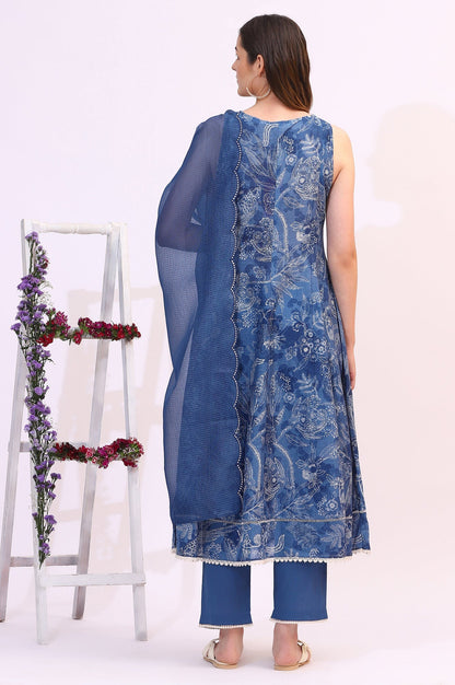 W for Woman Ink Blue Sleeveless Pure Cotton Anarkali Kurta and Pants Set with Dupatta