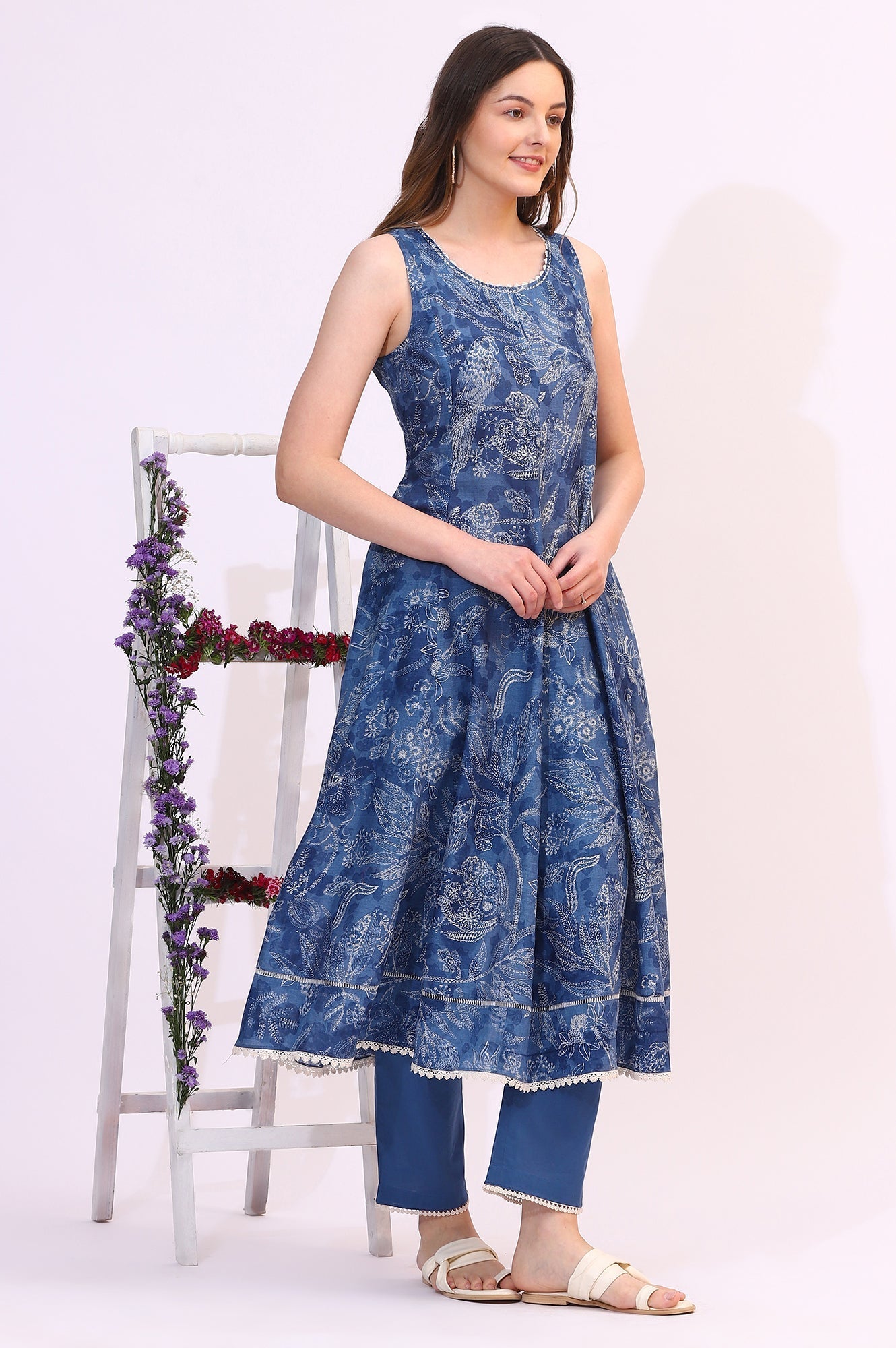 W for Woman Ink Blue Sleeveless Pure Cotton Anarkali Kurta and Pants Set with Dupatta
