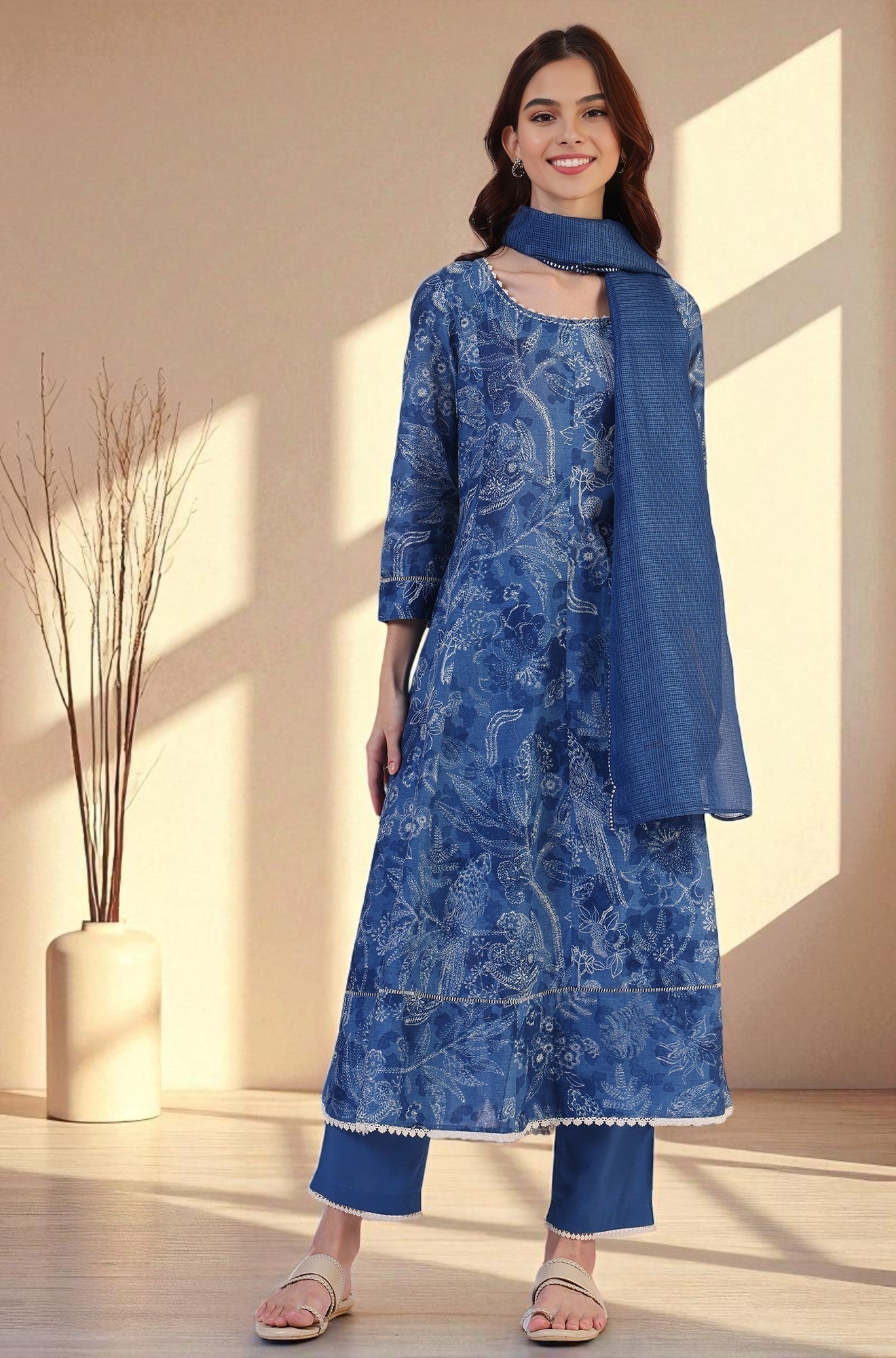 W for Woman Floral Printed Thread Work Flared Pure Cotton Kurta & Flared Pants with Dupatta Set