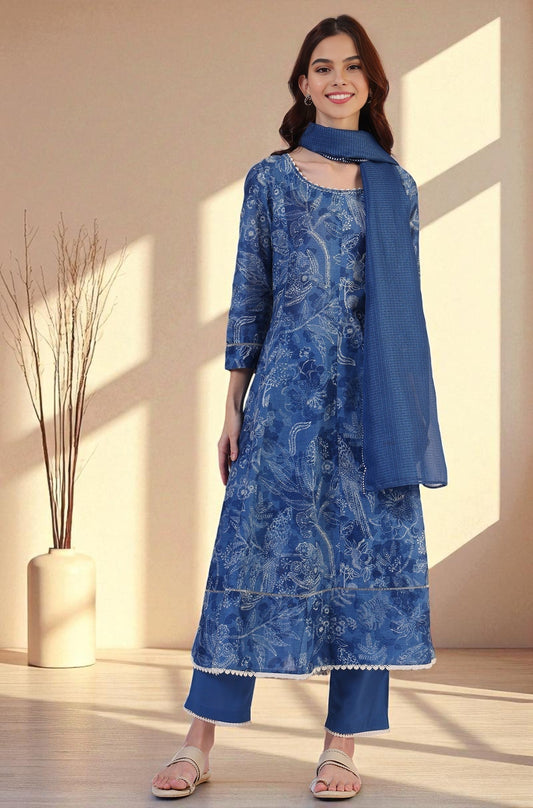 W for Woman Floral Printed Thread Work Flared Pure Cotton Kurta & Flared Pants with Dupatta Set