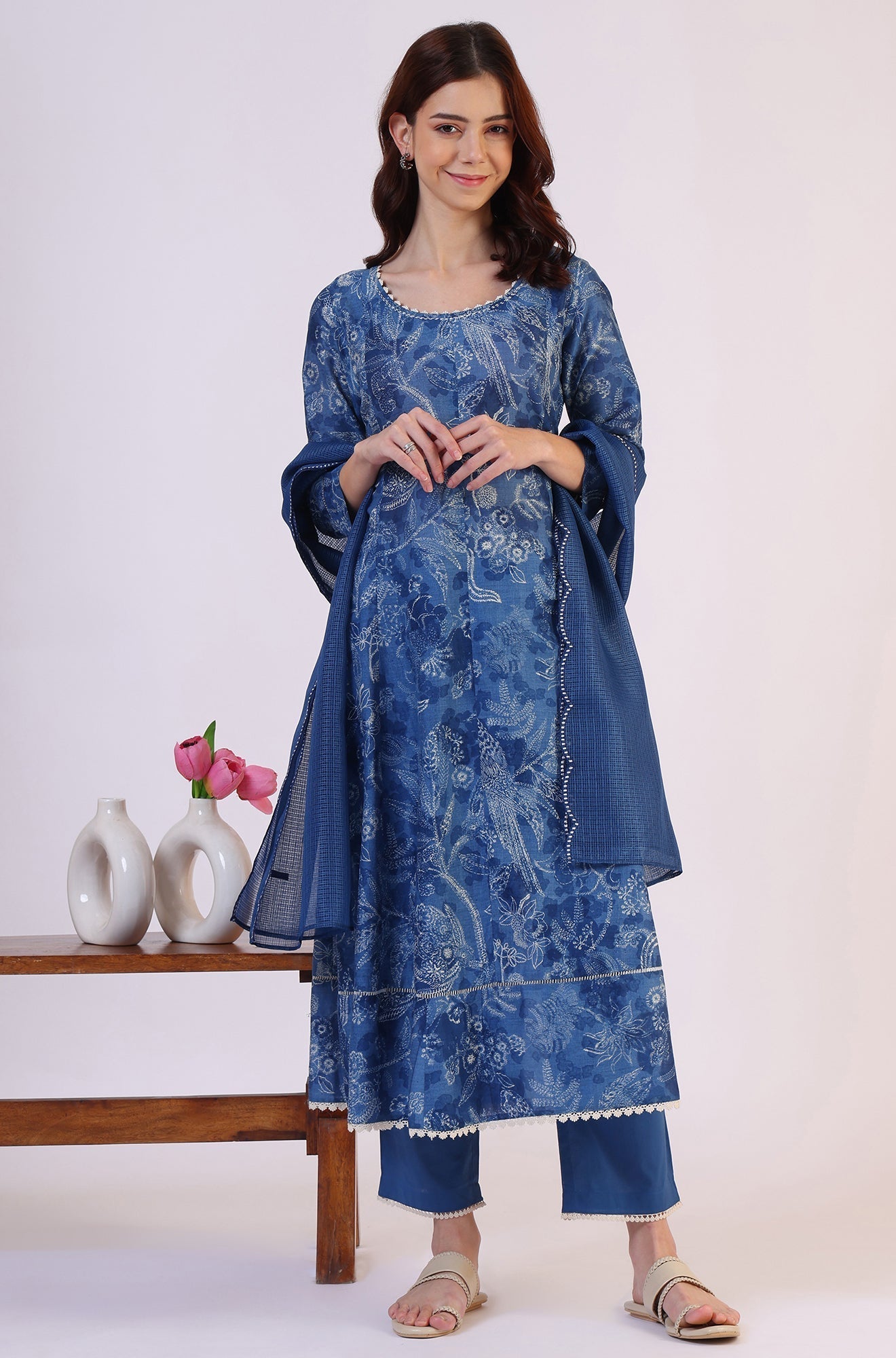 W for Woman Floral Printed Thread Work Flared Pure Cotton Kurta & Flared Pants with Dupatta Set