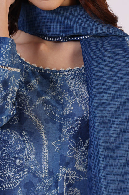 W for Woman Floral Printed Thread Work Flared Pure Cotton Kurta & Flared Pants with Dupatta Set