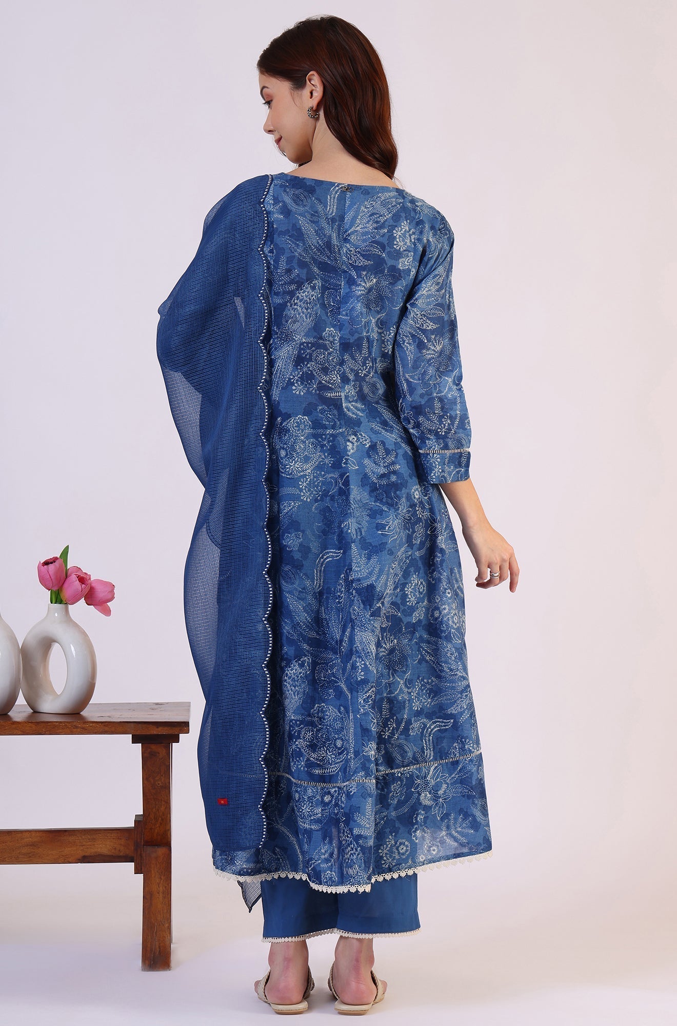 W for Woman Floral Printed Thread Work Flared Pure Cotton Kurta & Flared Pants with Dupatta Set