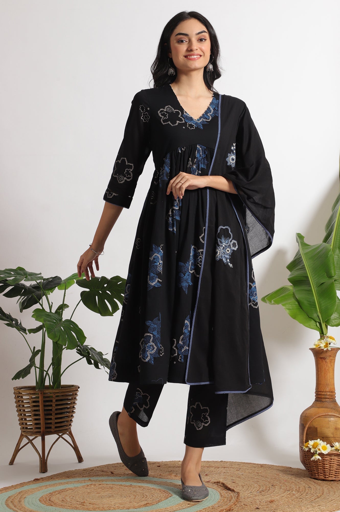 W for Woman Black Floral Printed Pure Cotton Kurta, Pants and Embroidered Dupatta Set