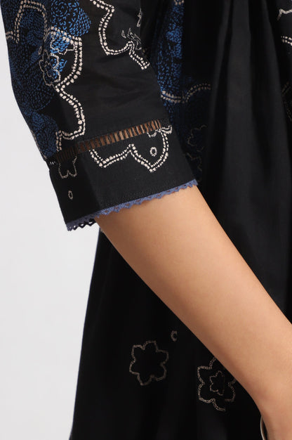 W for Woman Black Floral Printed Pure Cotton Kurta, Pants and Embroidered Dupatta Set