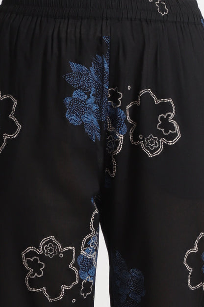 W for Woman Black Floral Printed Pure Cotton Kurta, Pants and Embroidered Dupatta Set